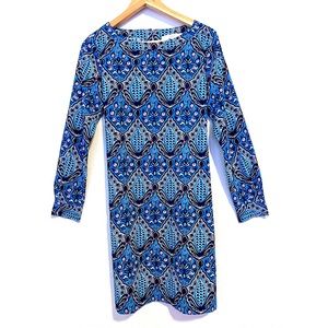 Ann Taylor Loft Blue Geometric Belted Shift Dress Long Sleeve EUC Size S